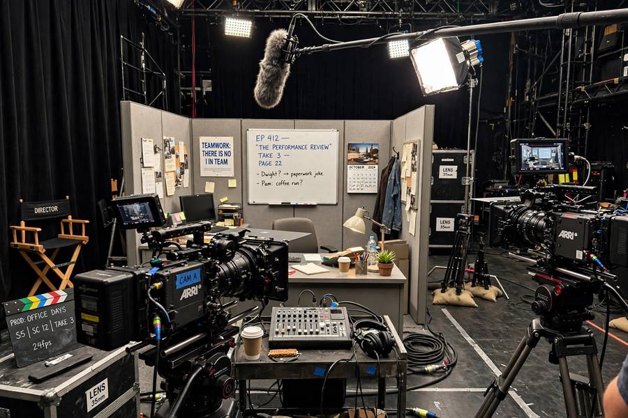 Behind the scenes of a mockumentary sitcom set with cameras