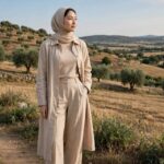 What Is a Monochromatic Outfit? The Stylist's Guide Woman wearing an elegant all-beige monochromatic outfit with modest full-coverage clothing