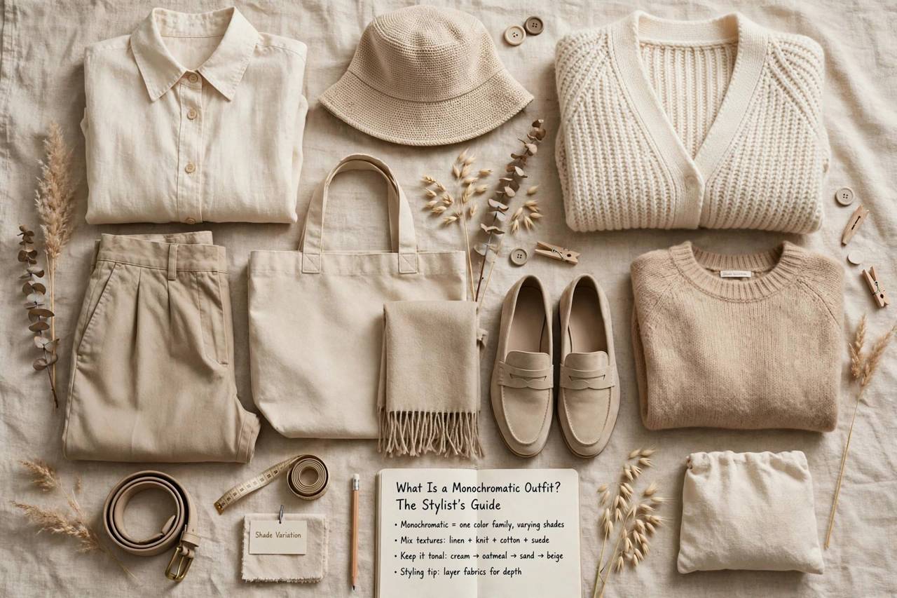 Flat lay of tonal beige and cream clothing pieces showing shade variation