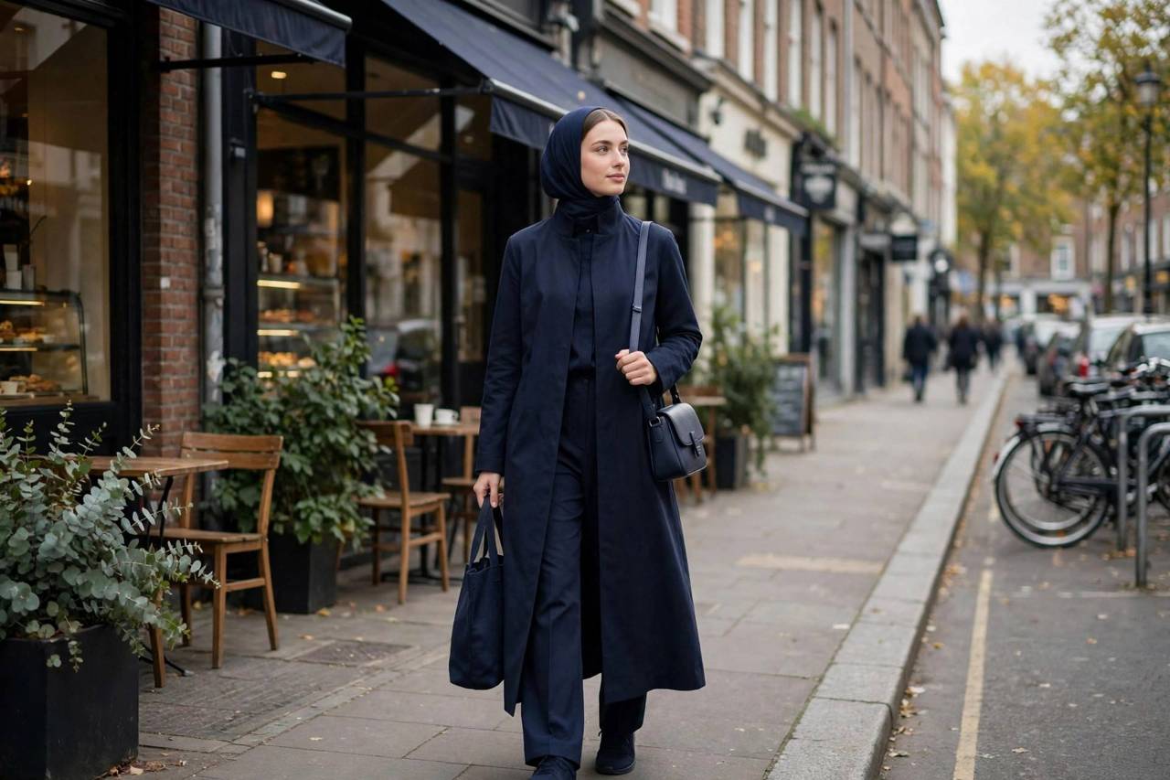 Woman in a full-length all-navy modest outfit walking in the city