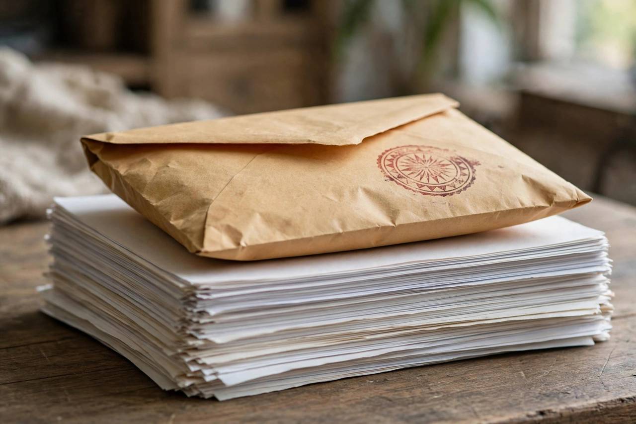 Sealed manila envelope stamped confidential resting on a stack of documents, no people