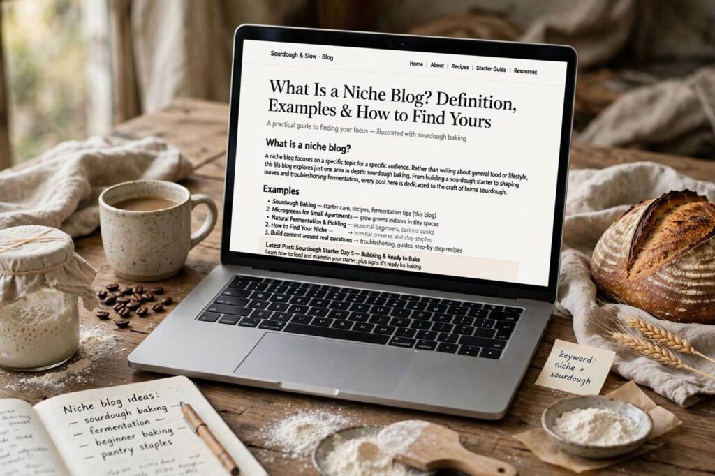 Laptop screen showing a niche blog about sourdough baking