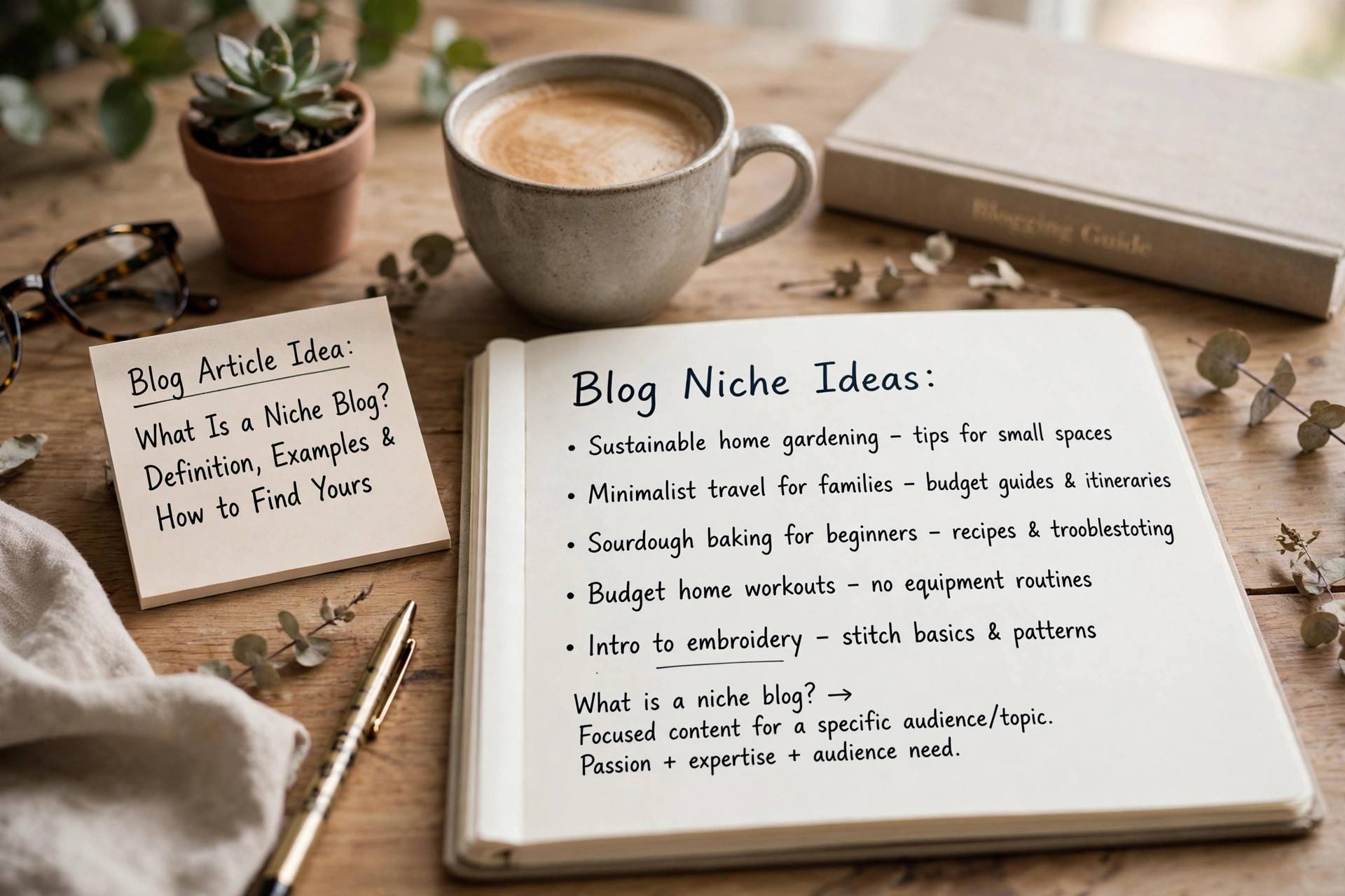 Notebook with blog niche ideas and a coffee cup
