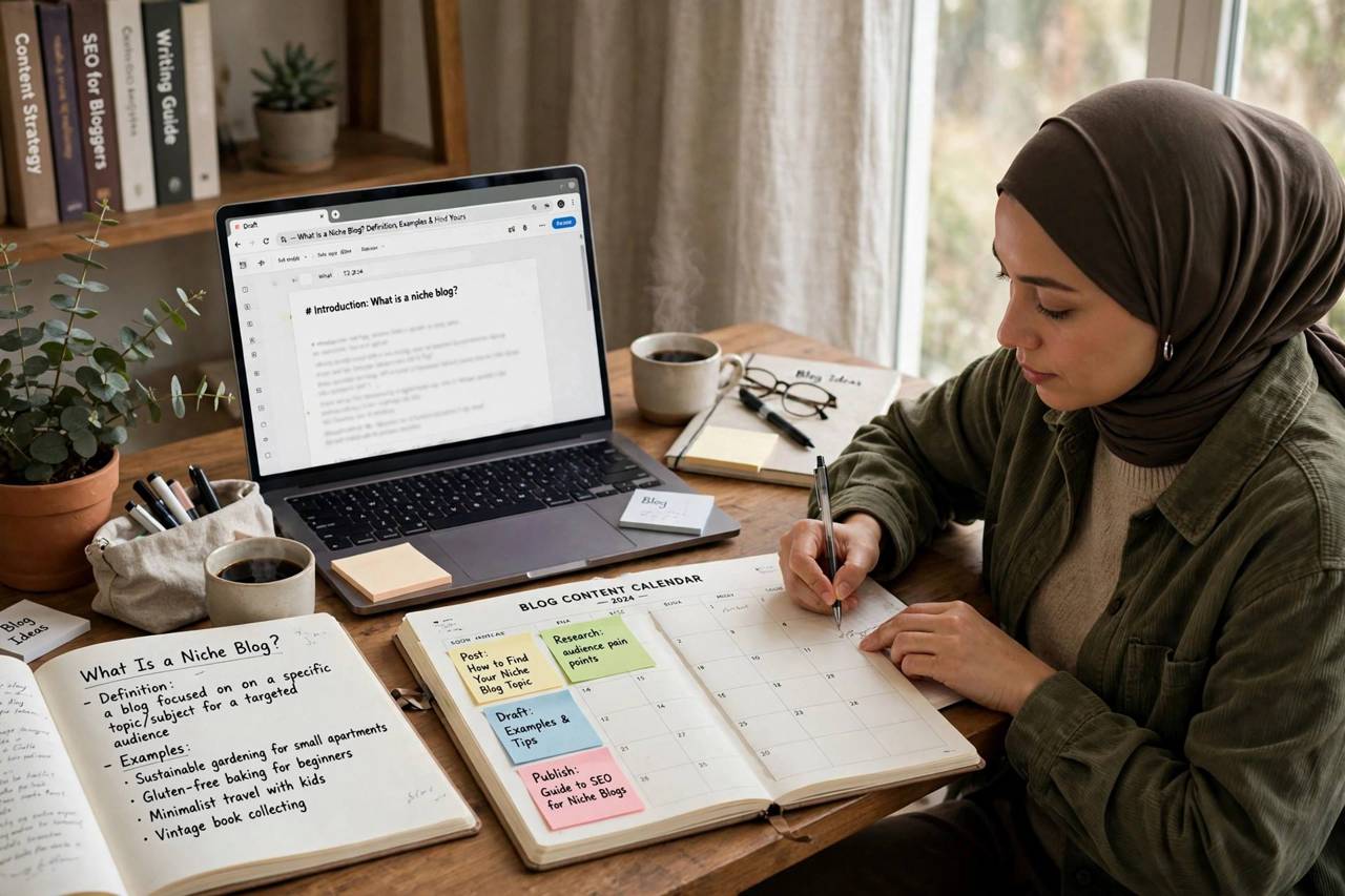Person planning niche blog content calendar at a desk