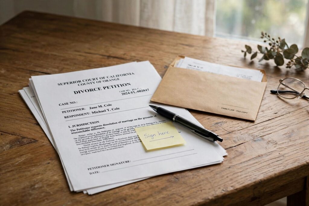 Divorce papers and a pen on a wooden desk