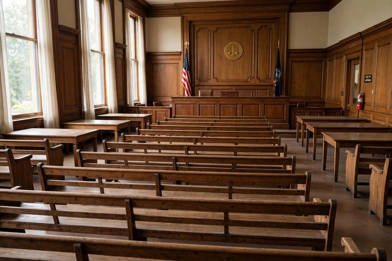 Empty courtroom benches in soft daylight
