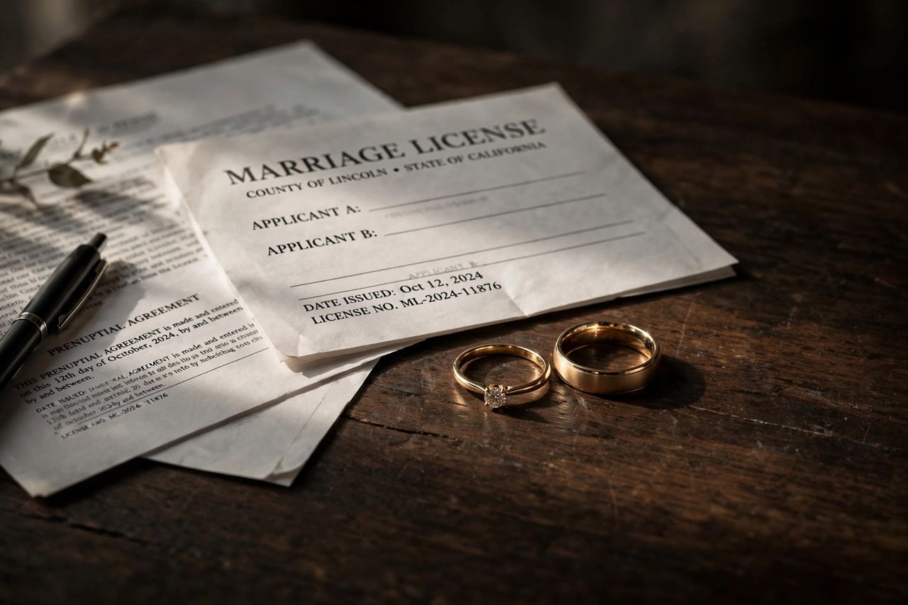 Two wedding rings beside legal documents
