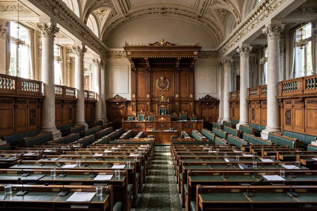 Interior of a grand parliament chamber with rows of seats and ornate architecture