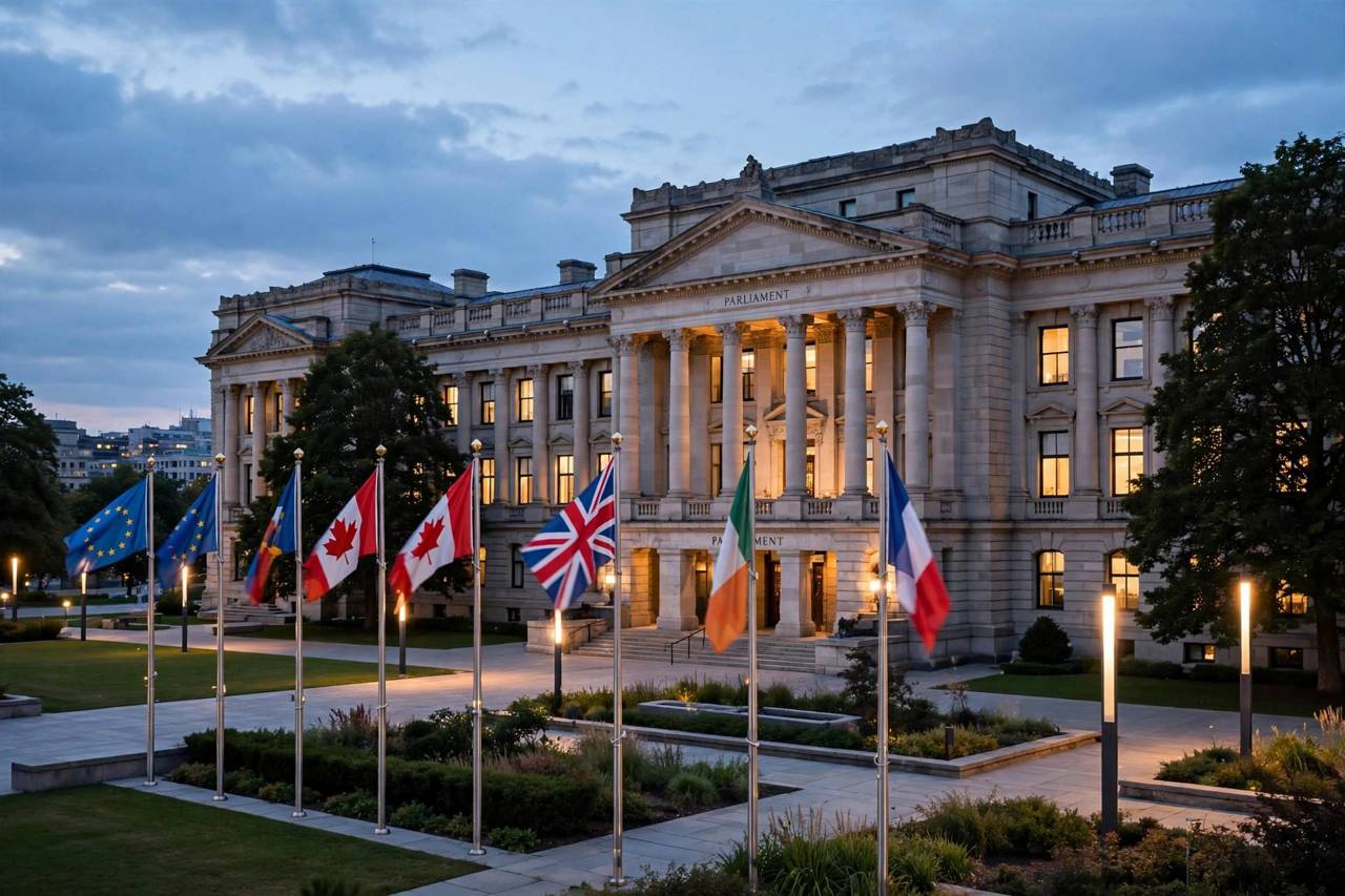 Government buildings and flags representing democratic institutions at dusk