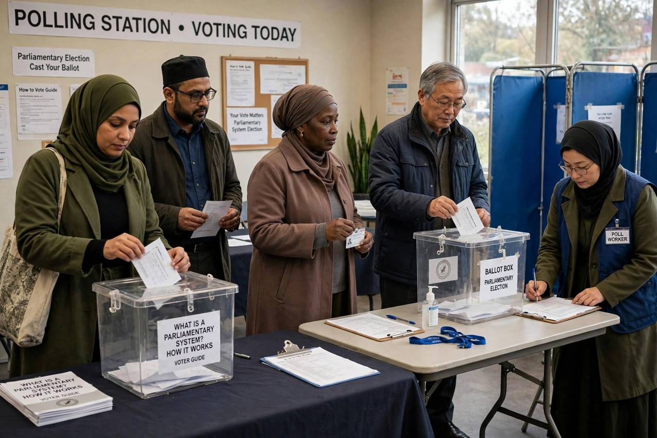 Diverse voters casting ballots at a polling station, democratic participation