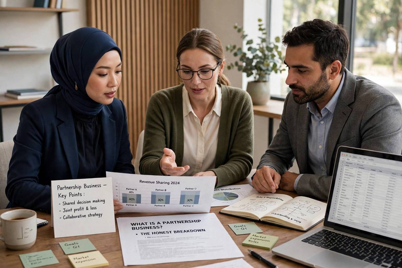 Partners discussing strategy around a conference table with charts