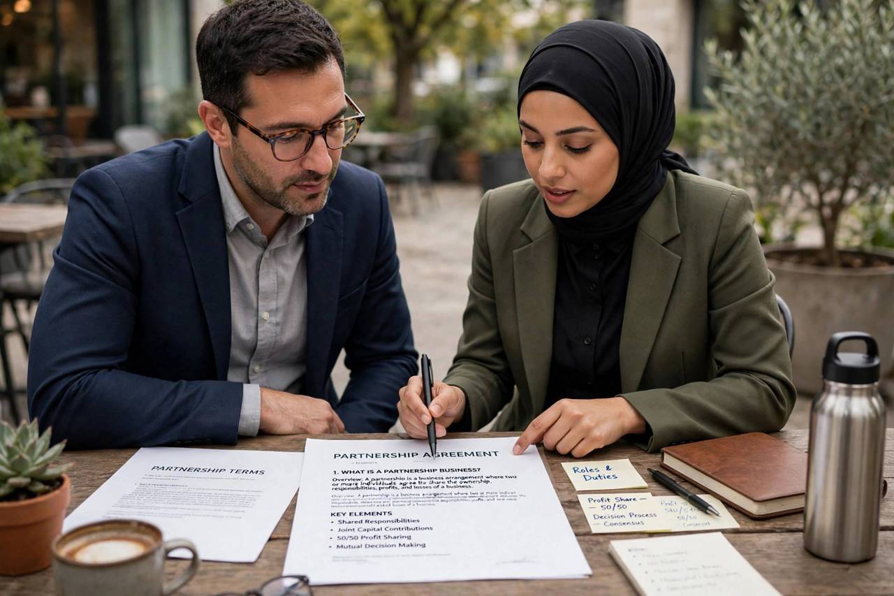 Business partners reviewing a written partnership agreement together