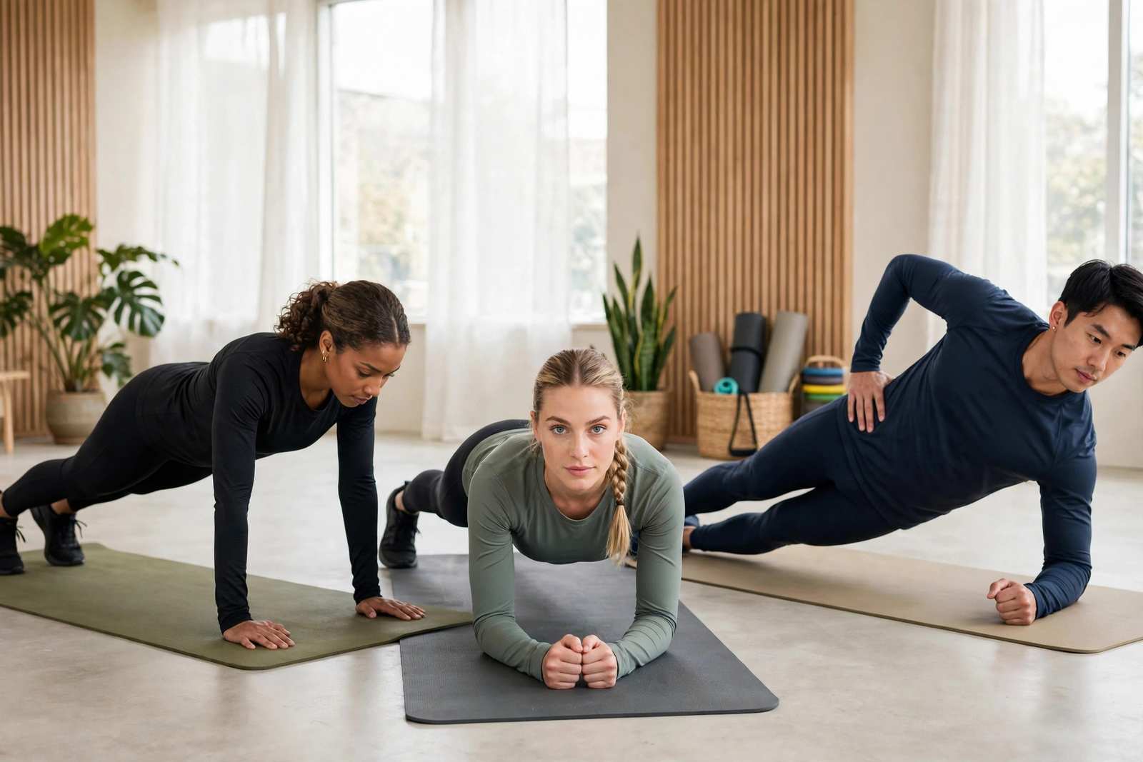 Three-panel photo showing high plank, forearm plank, and side plank positions