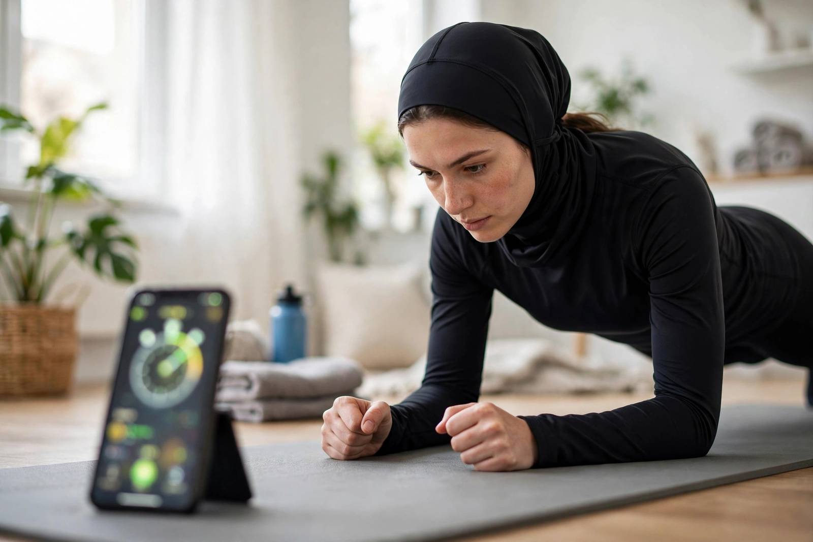 Timer on a phone next to a person planking, showing progression tracking