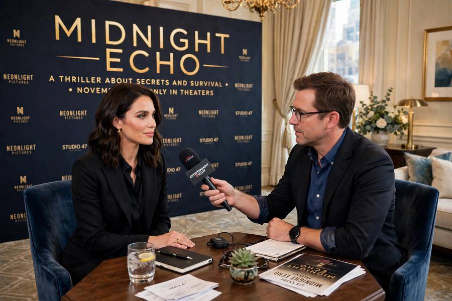 A movie star being interviewed during a press junket in a hotel suite