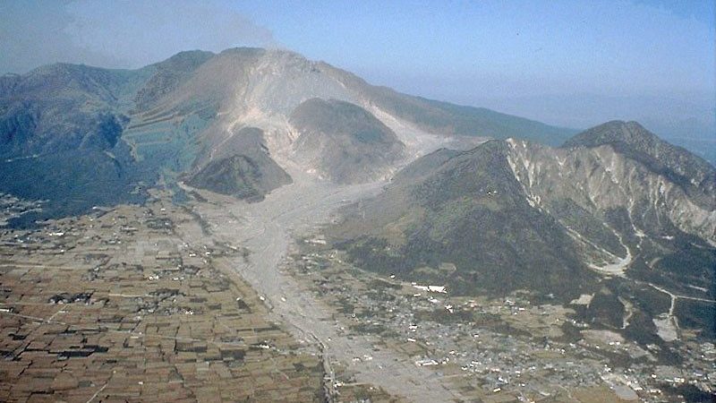 The grey channel of pyroclastic and lahar deposits running from Mount Unzen, Japan, towards nearby towns