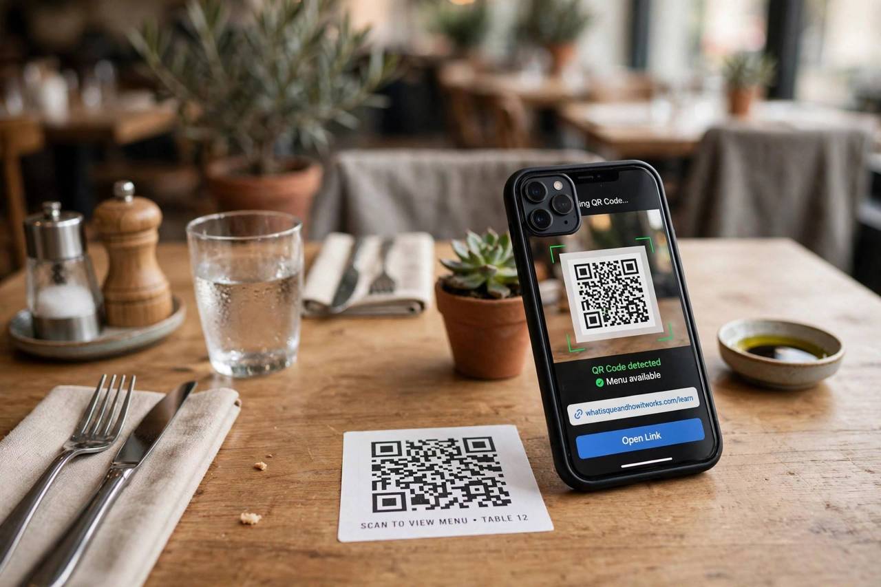 Smartphone camera scanning a QR code printed on a restaurant table