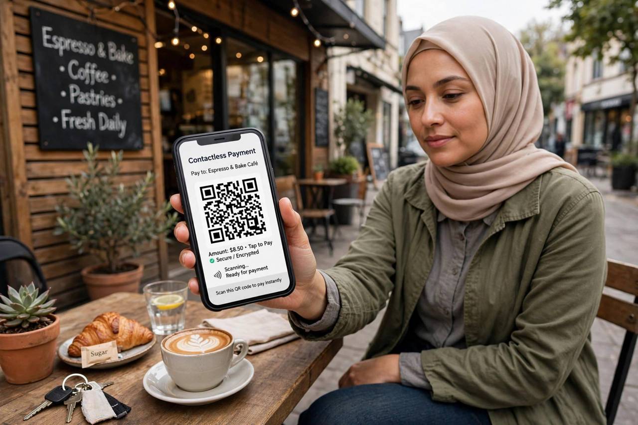 Person holding phone displaying QR code for contactless payment at cafe