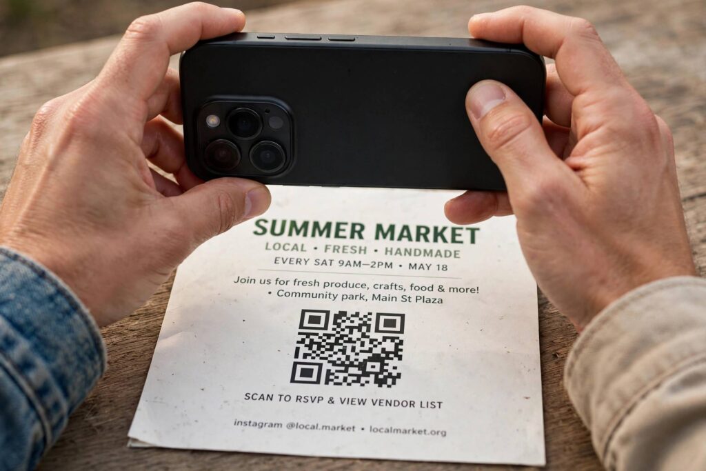 Close-up of a smartphone camera pointed at a QR code on a printed flyer