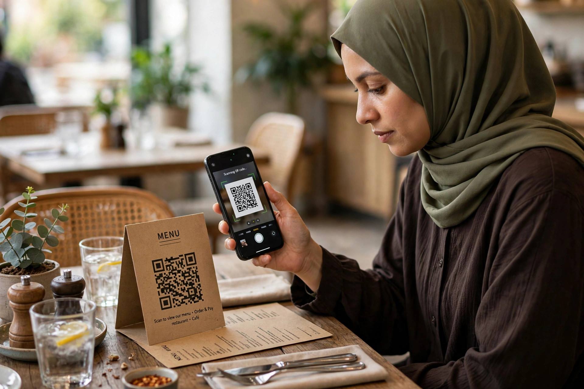 Person holding a smartphone scanning a QR code displayed on a restaurant table menu card