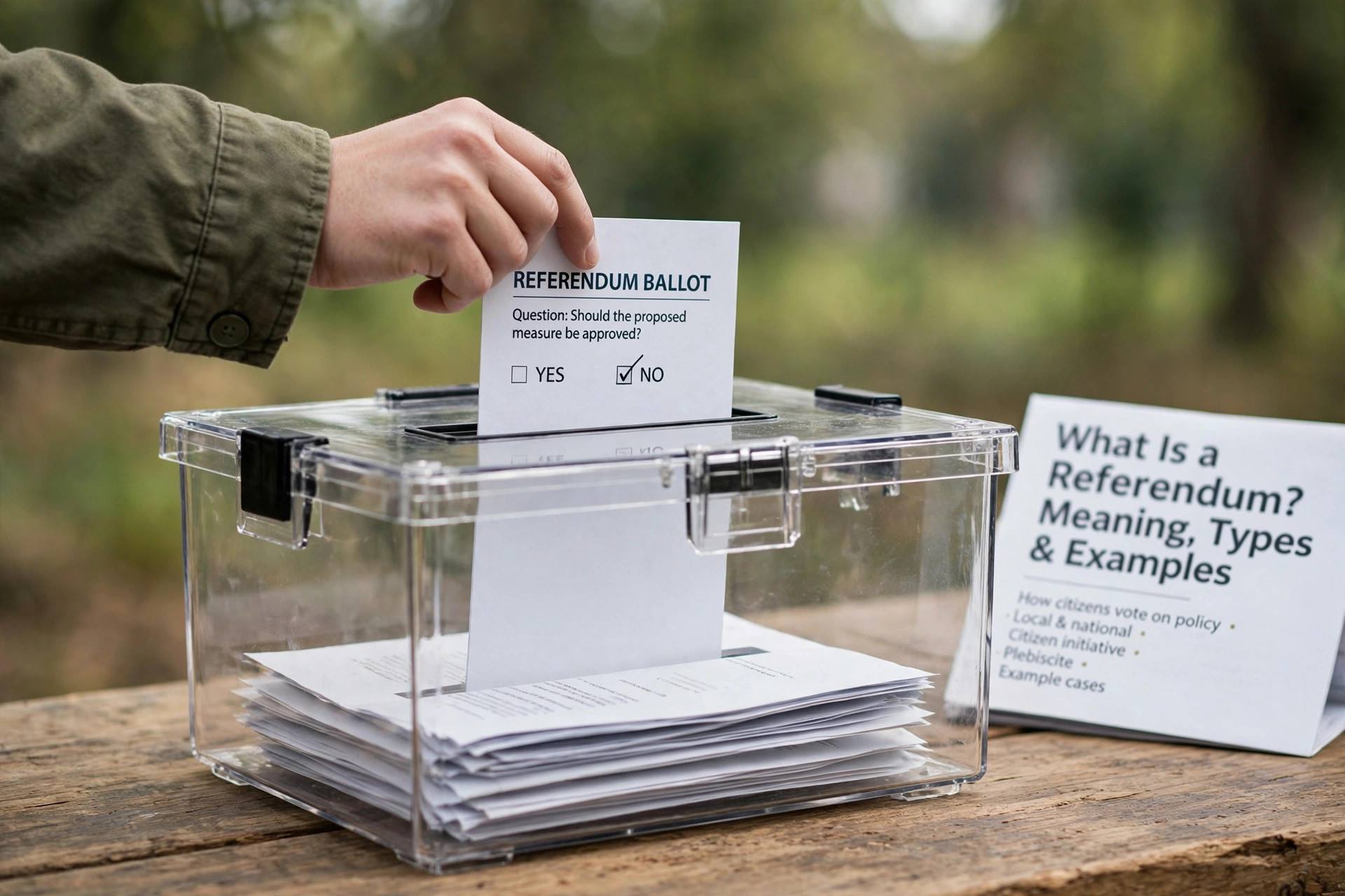 Close-up of hands placing a ballot paper into a transparent ballot box