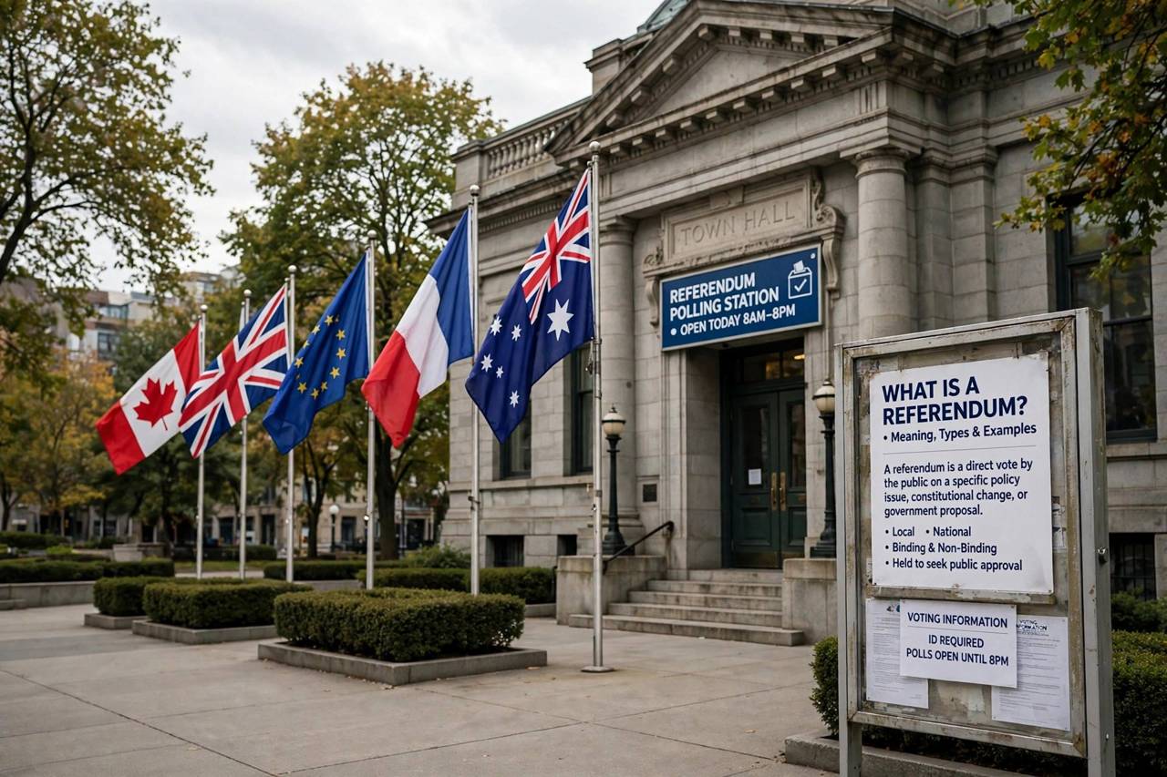 A row of national flags outside a government building where a referendum was held