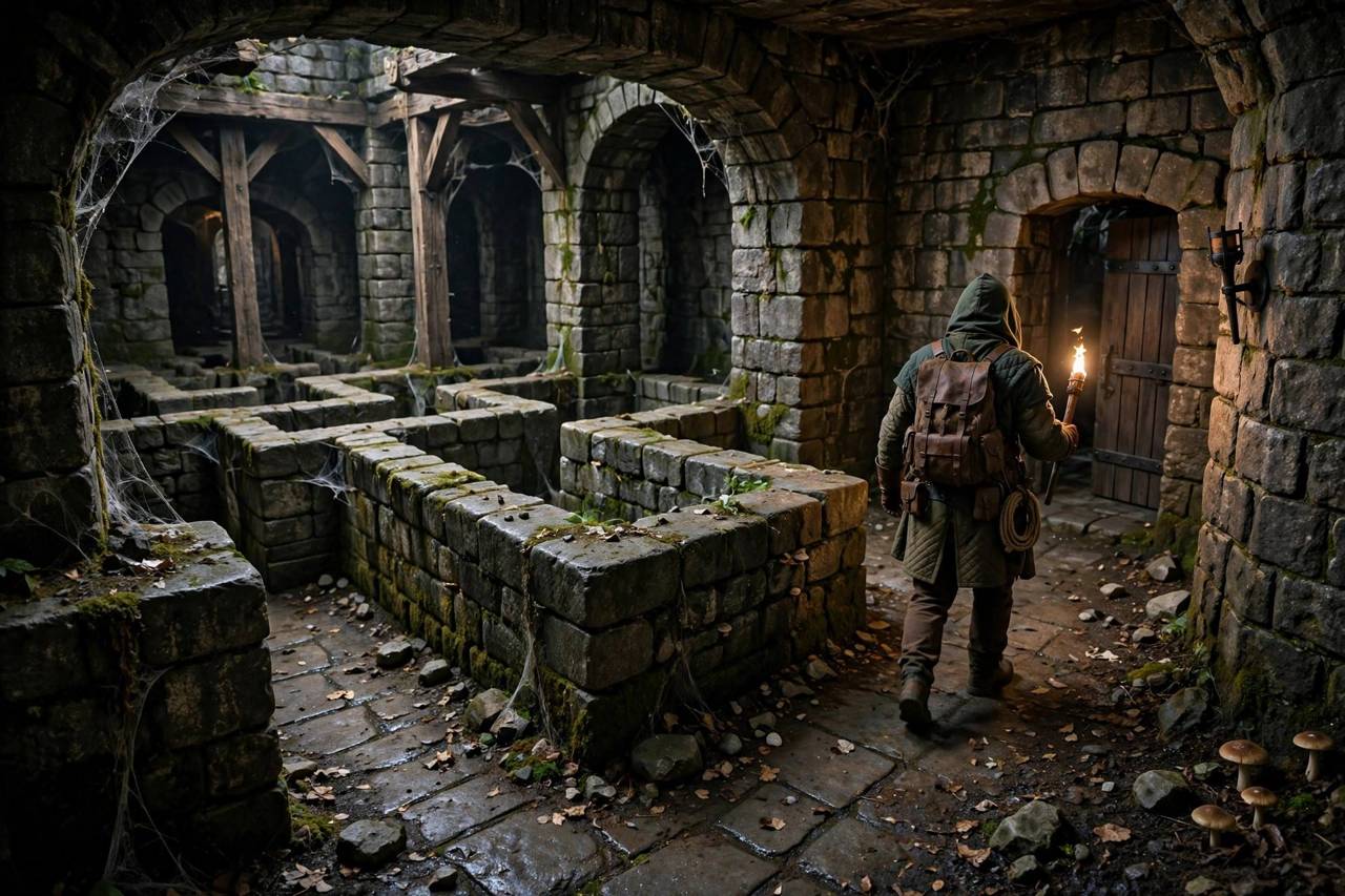 Dark dungeon crawler game scene with a hero exploring procedurally generated corridors