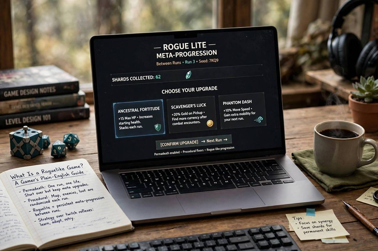 Player choosing upgrades between runs on a roguelite meta-progression screen