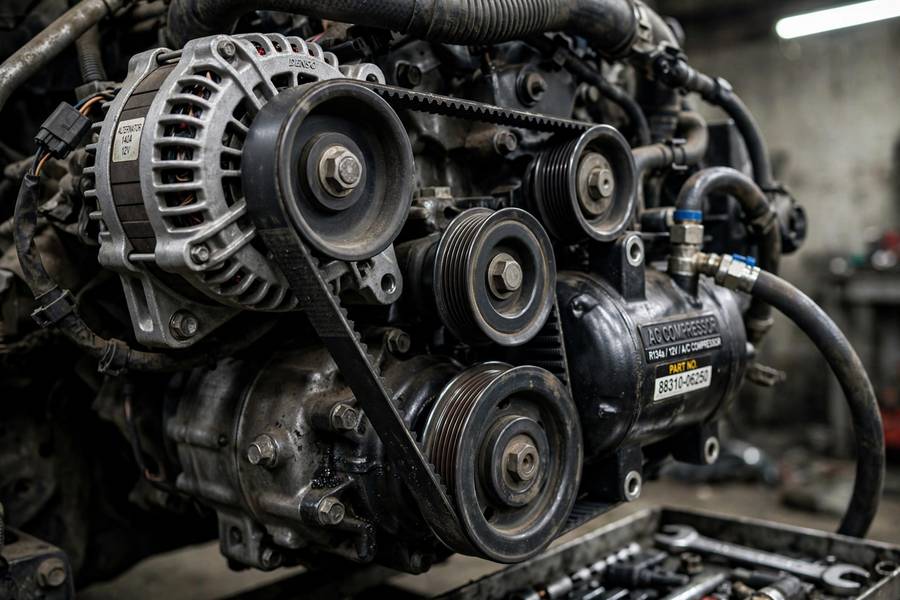 Serpentine belt routing around pulleys showing what is a serpentine belt in an engine