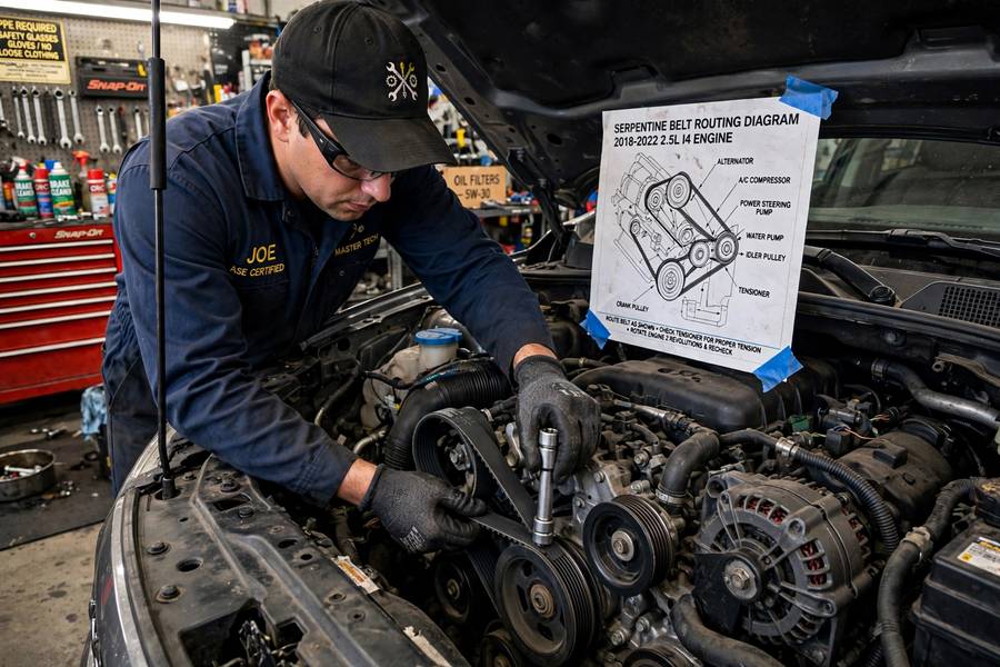 Mechanic installing a new serpentine belt following the routing diagram