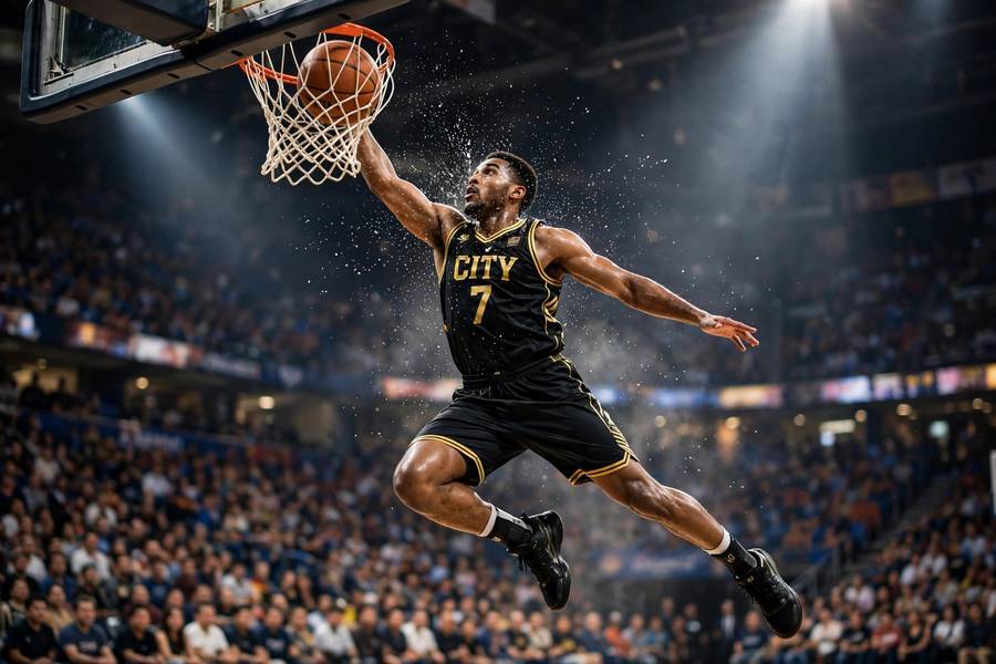 Basketball player performing a slam dunk in a packed arena