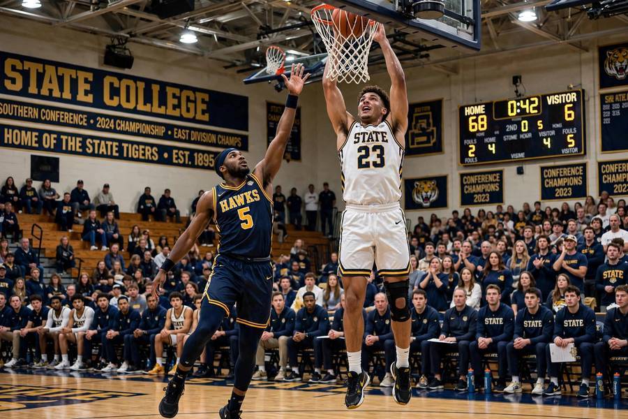 Player rising for a slam dunk while a defender contests the shot