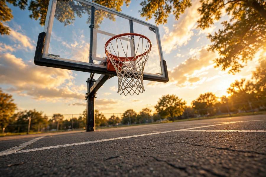 Basketball hoop on an outdoor court where slam dunks happen