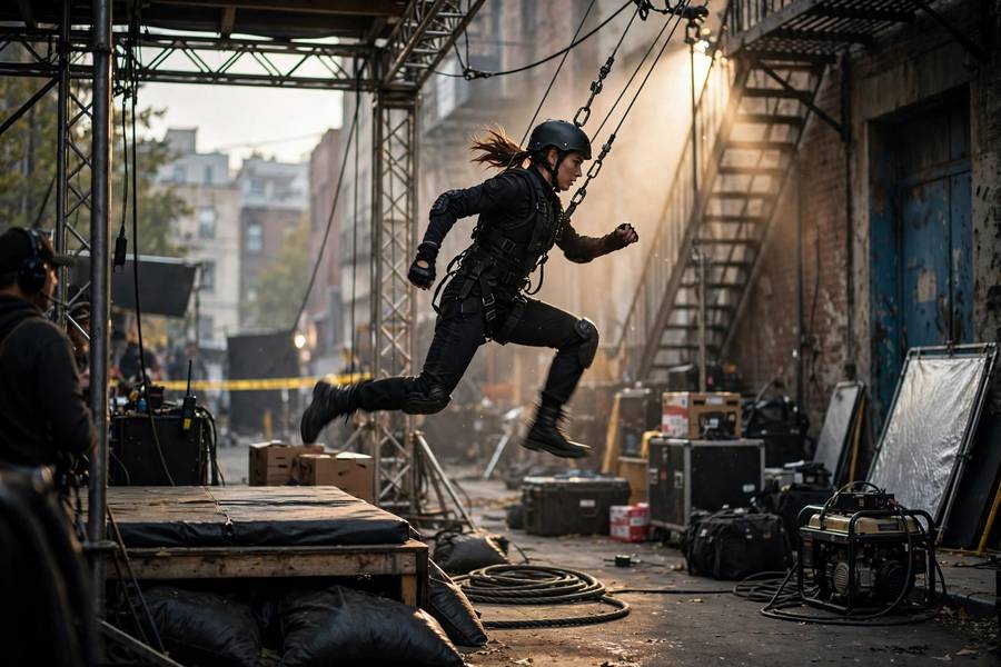 Wire stunt in progress demonstrating what is a stunt double high-risk work
