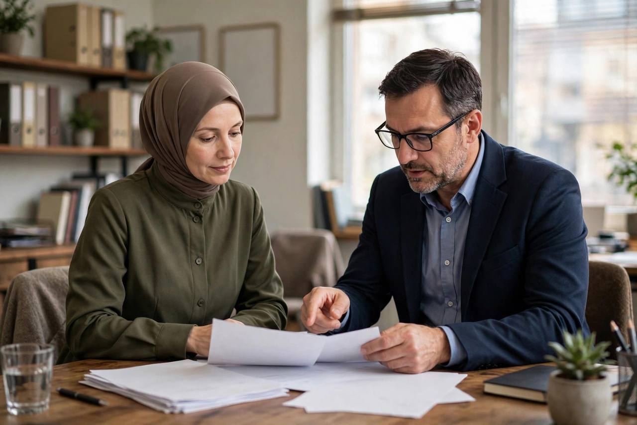 Person consulting with a lawyer in an office reviewing subpoena documents together