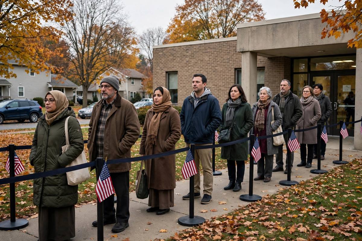 Voters lining up outside a polling station in a suburban swing state on election day