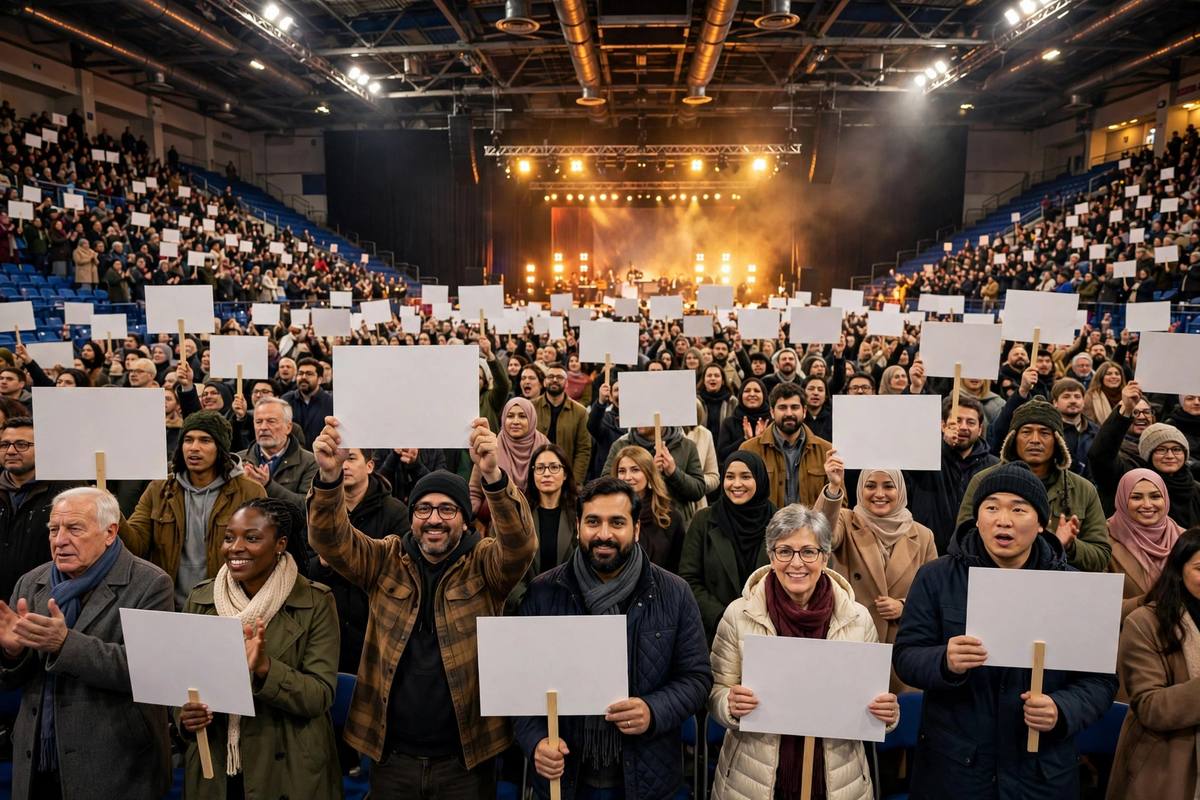 Campaign rally crowd waving signs in a packed arena in a battleground state