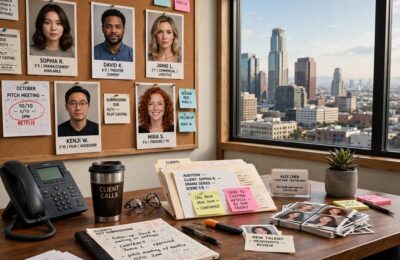 A talent agent's office with scripts and actor headshots on the wall