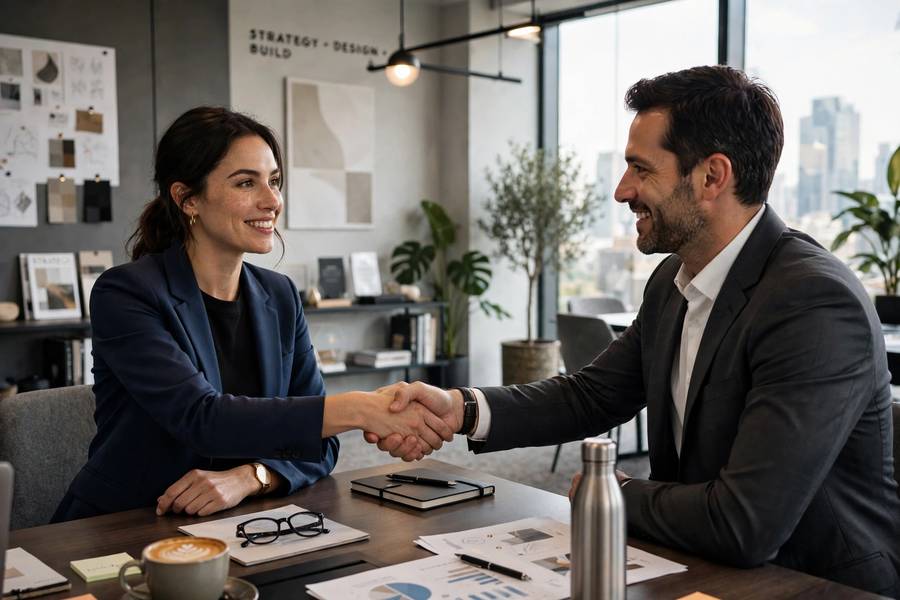 Talent agent closing a deal with a handshake in an agency office