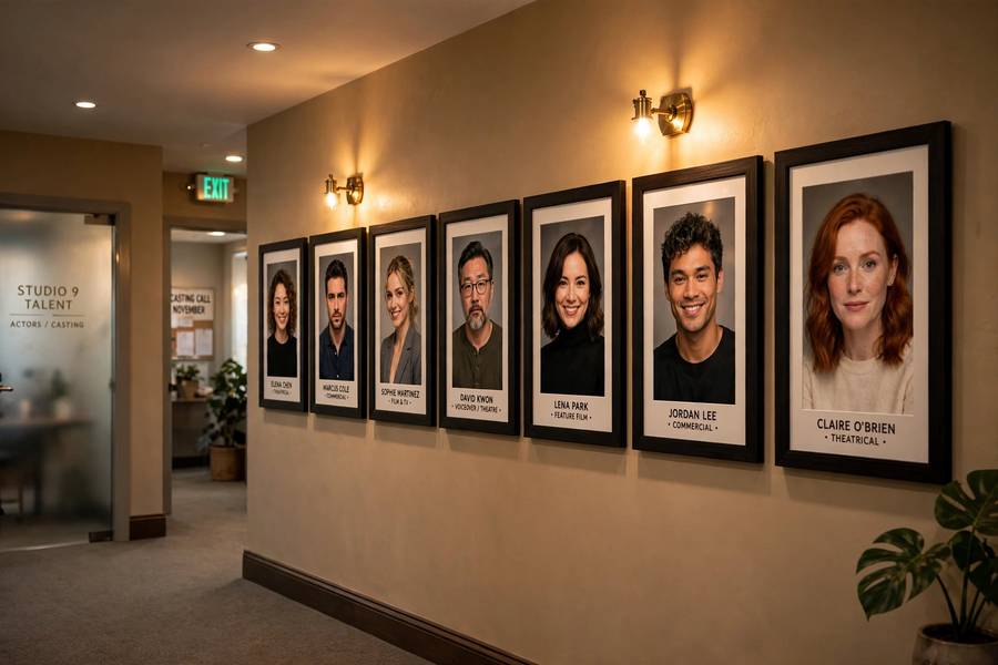 Actor headshots displayed on the wall of a talent agency