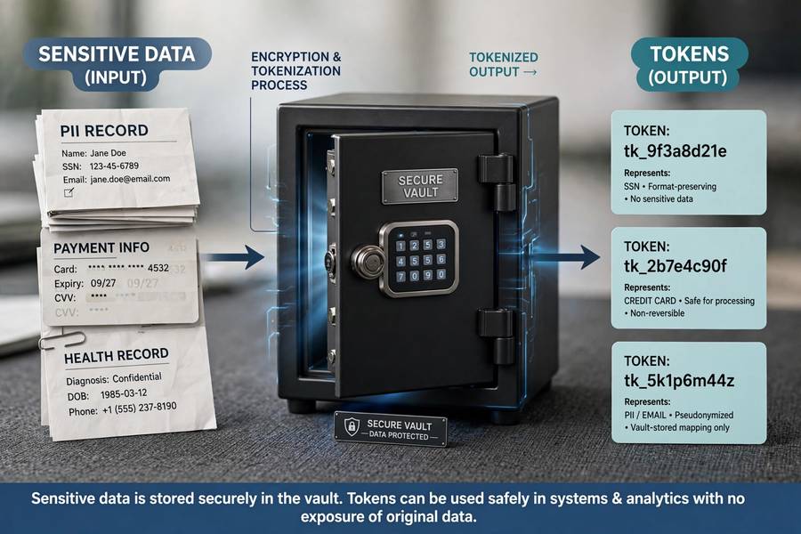 A diagram showing sensitive data entering a vault and tokens coming out