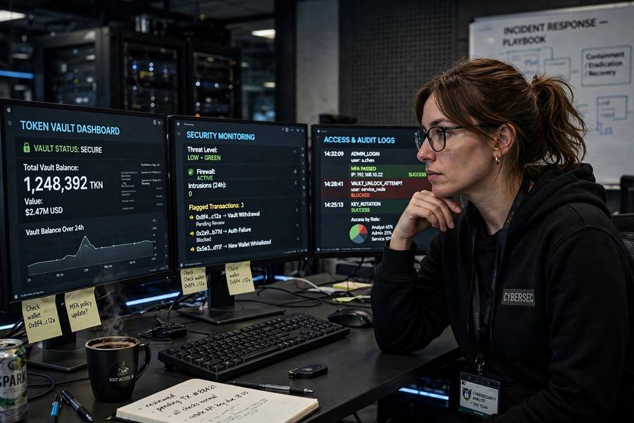 A cybersecurity analyst monitoring a token vault dashboard