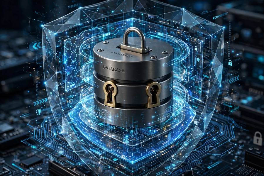 A locked database icon surrounded by digital protection layers
