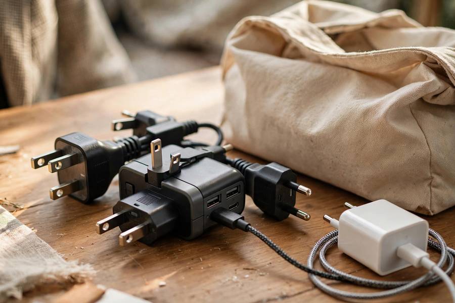 A universal travel adapter with multiple plug types, illustrating what is a travel adapter