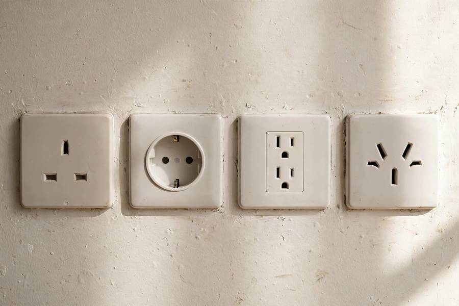 Different international power outlet types showing why you need to know what is a travel adapter