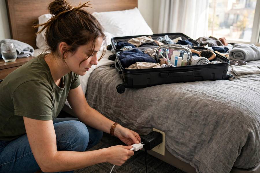 A traveler using a universal adapter in a hotel room, a practical answer to what is a travel adapter