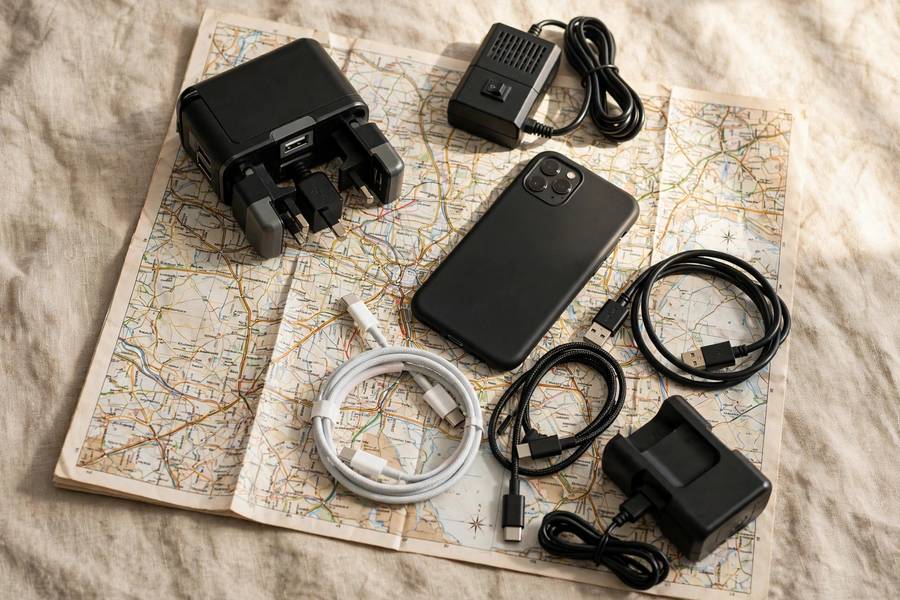 Travel electronics flat lay with adapter and converter, clarifying what is a travel adapter versus a converter