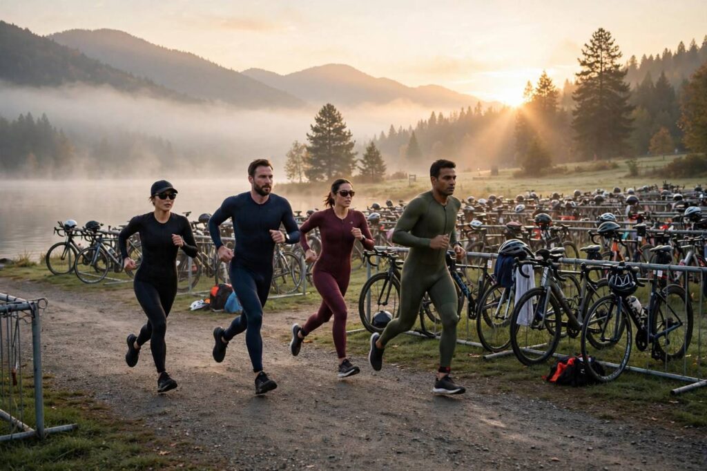Triathletes in full-coverage athletic wear transitioning from swim to bike leg at sunrise