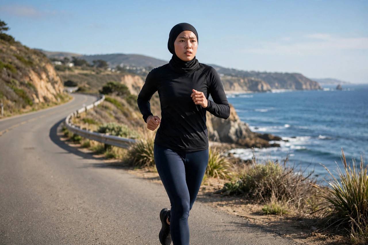 Triathlete running the final leg of a triathlon on a coastal road course