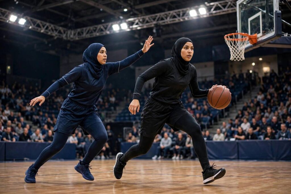 Basketball player driving to the hoop during a professional game under arena lights